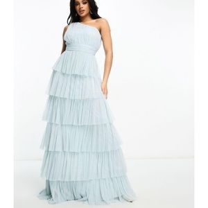 NWT ASOS Beauut Petite One Shoulder Tiered Ruffle Maxi Dress in Light Blue 8